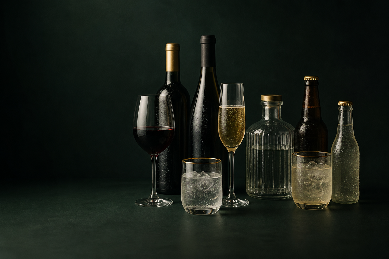 Selección elegante de bebidas sobre un fondo verde oscuro